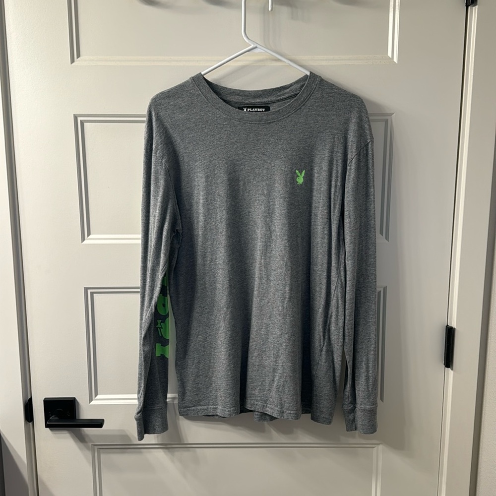 Mens Playboy Long Sleeve T-Shirt, Size Medium, Heather Grey